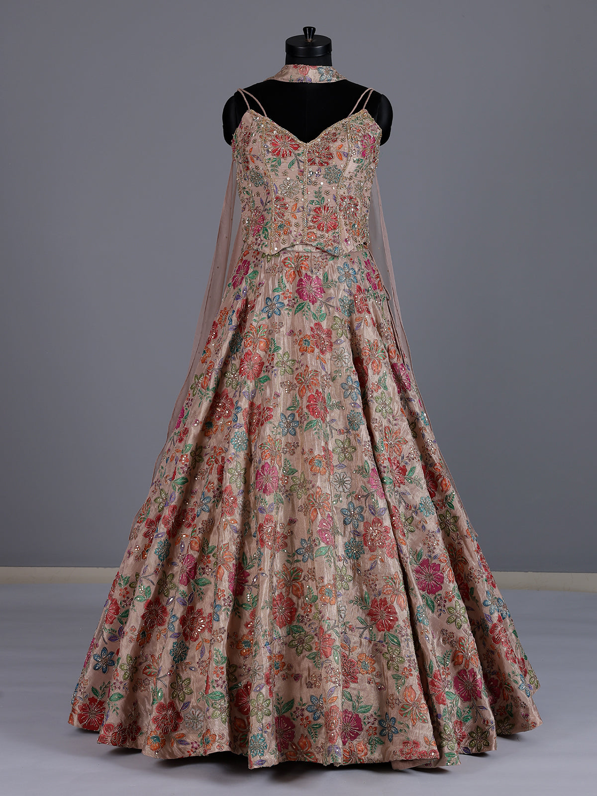 Beige printed crepe silk lehenga choli with dupatta