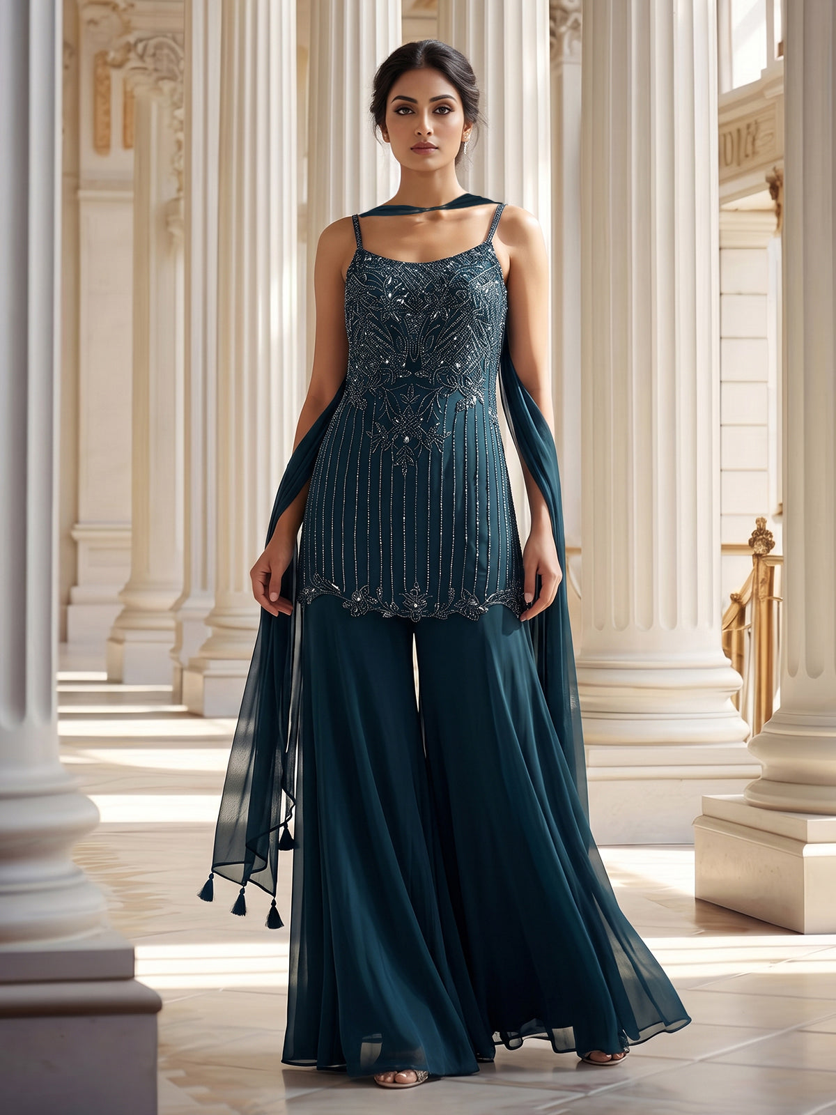 Teal blue georgette silk palazzo suit with choker dupatta