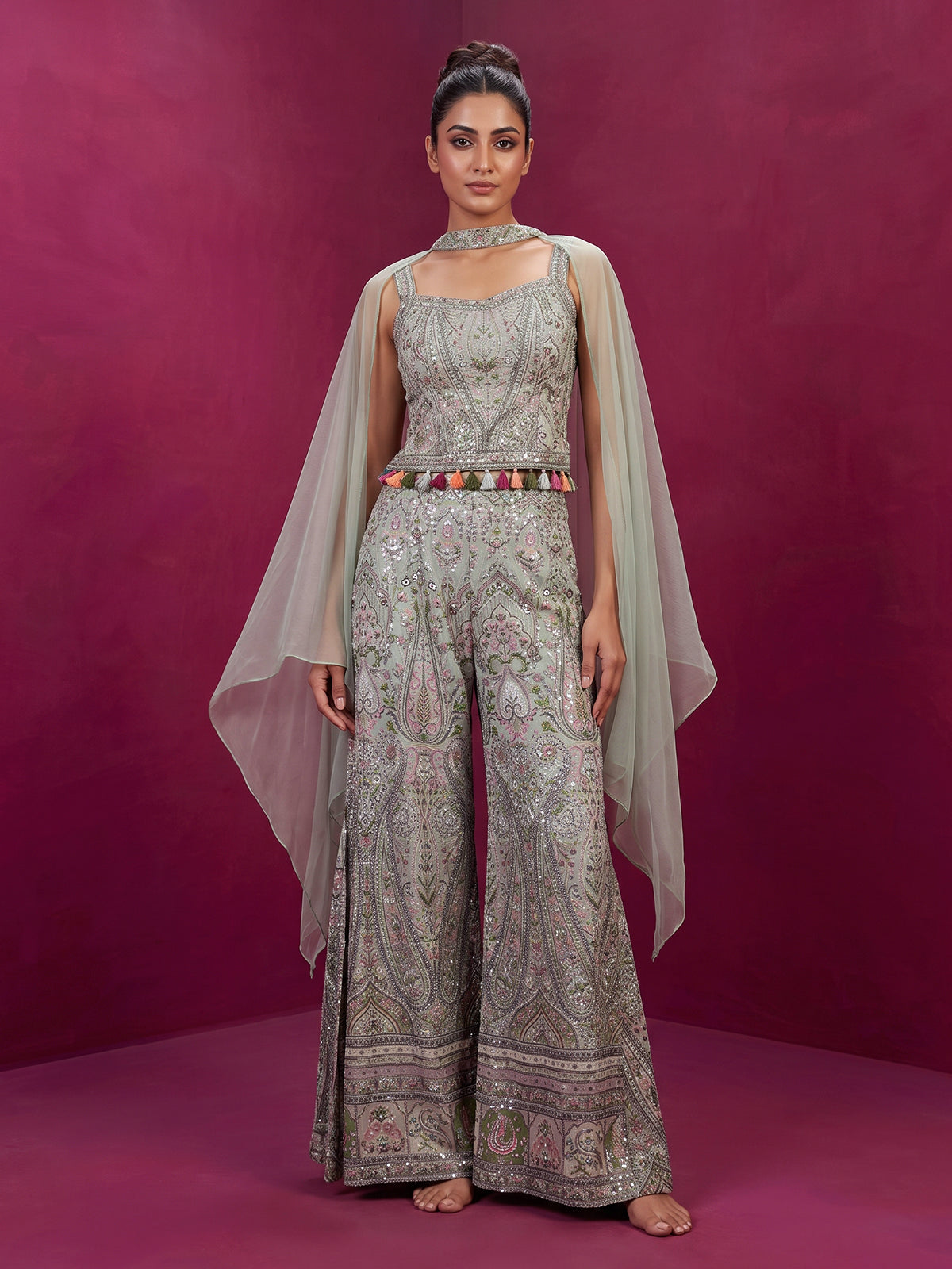 Pista green chiffon silk palazzo suit with choker dupatta