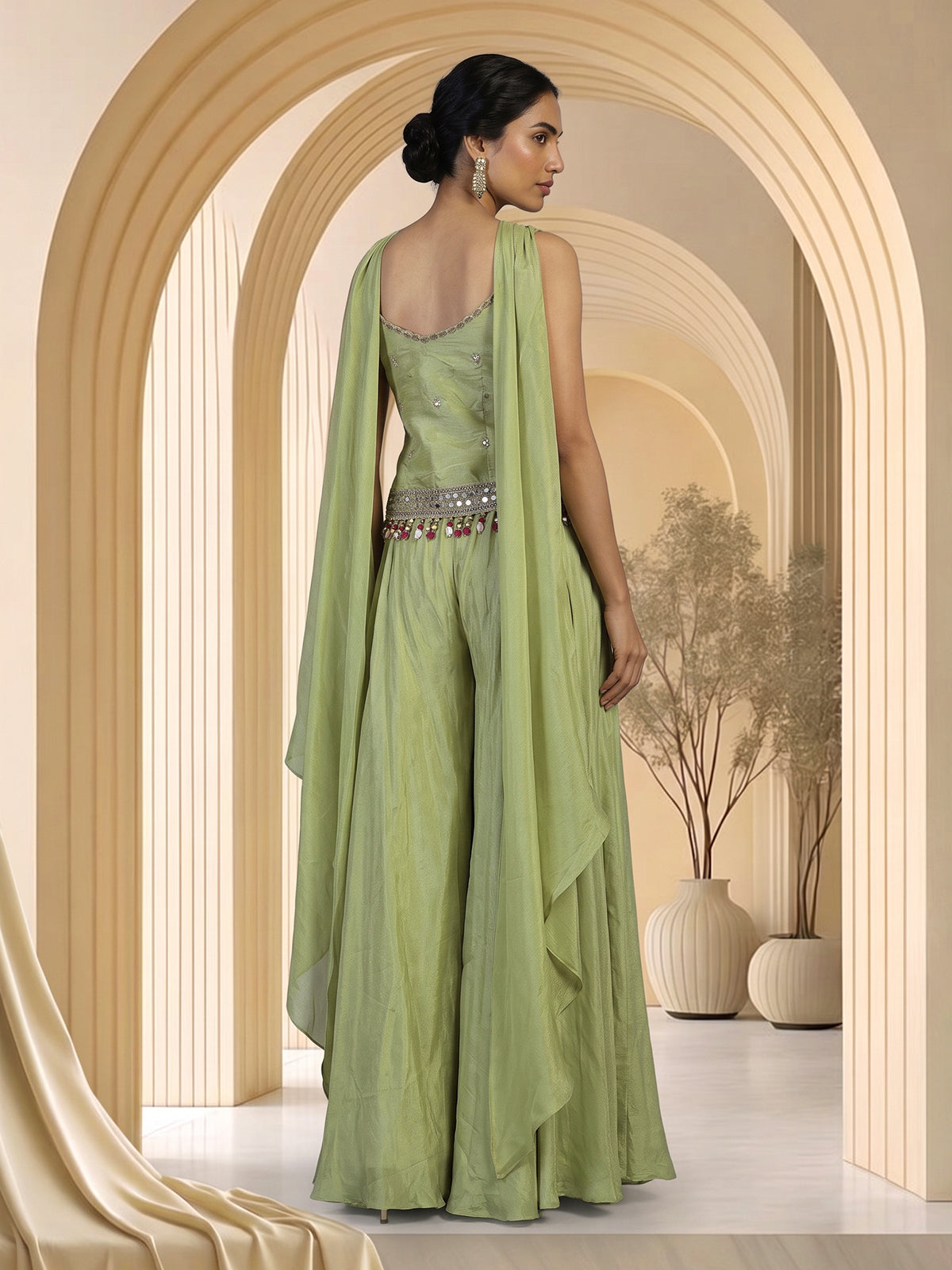 Olive silk Indo-Western palazzo suit with choker dupatta