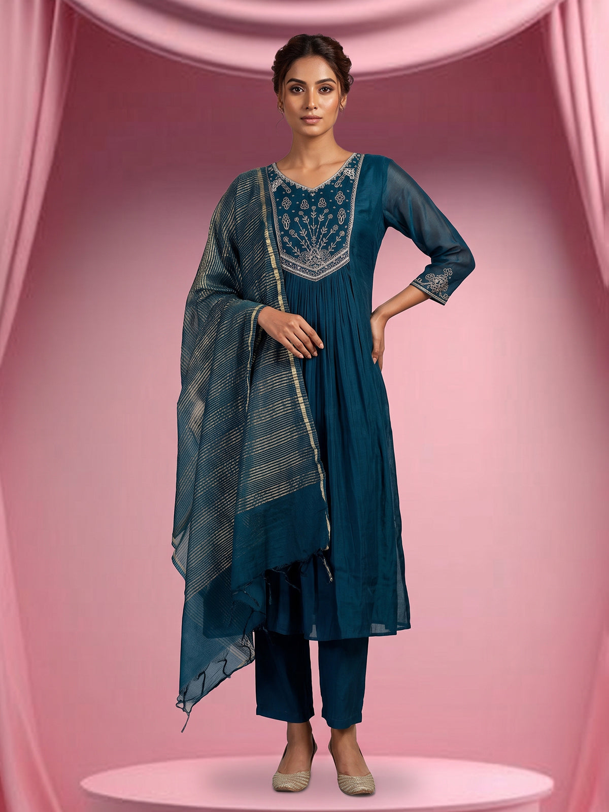Navy blue cotton silk festive pant suit with elegant embroidery