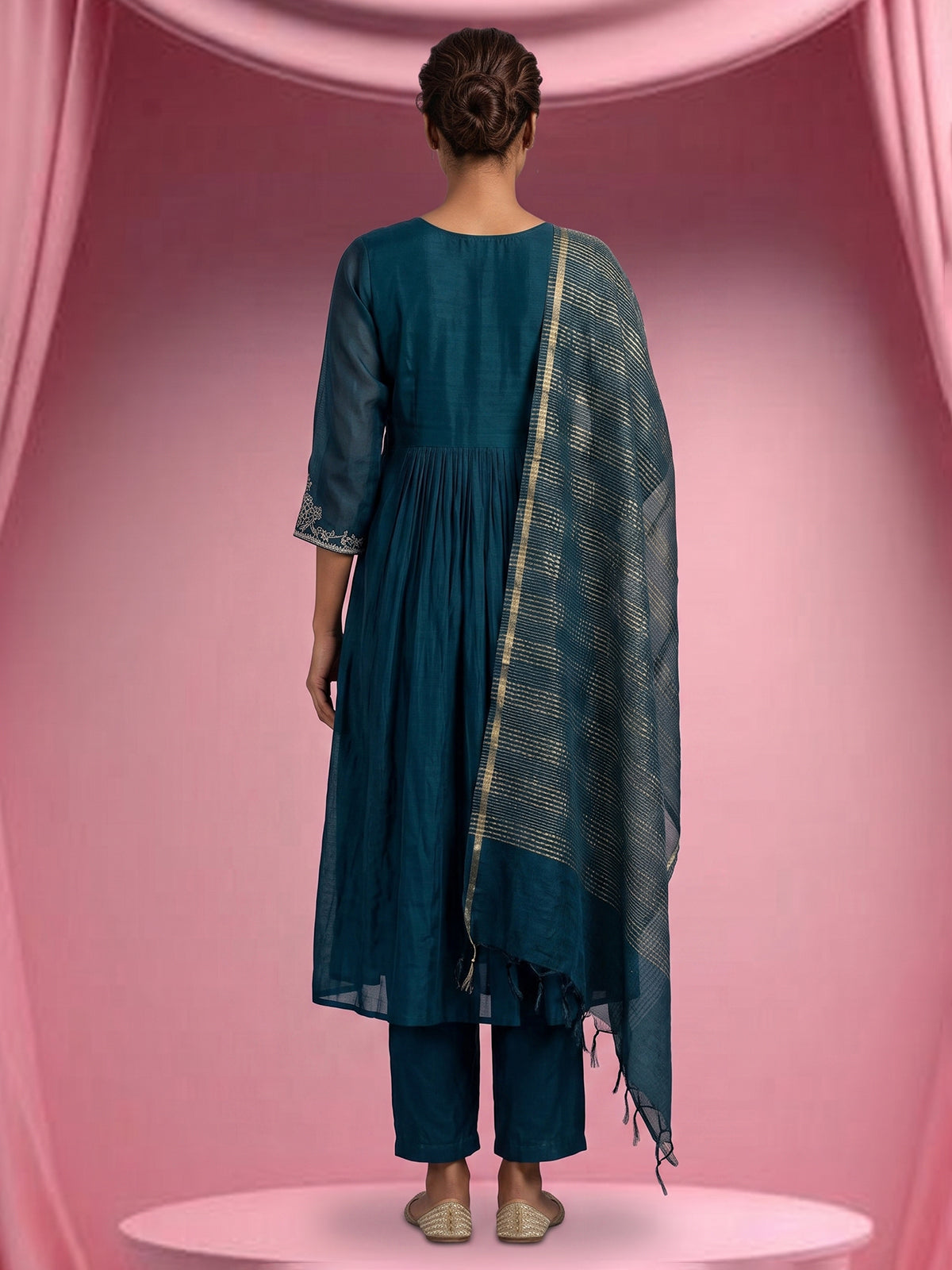 Navy blue cotton silk festive pant suit with elegant embroidery