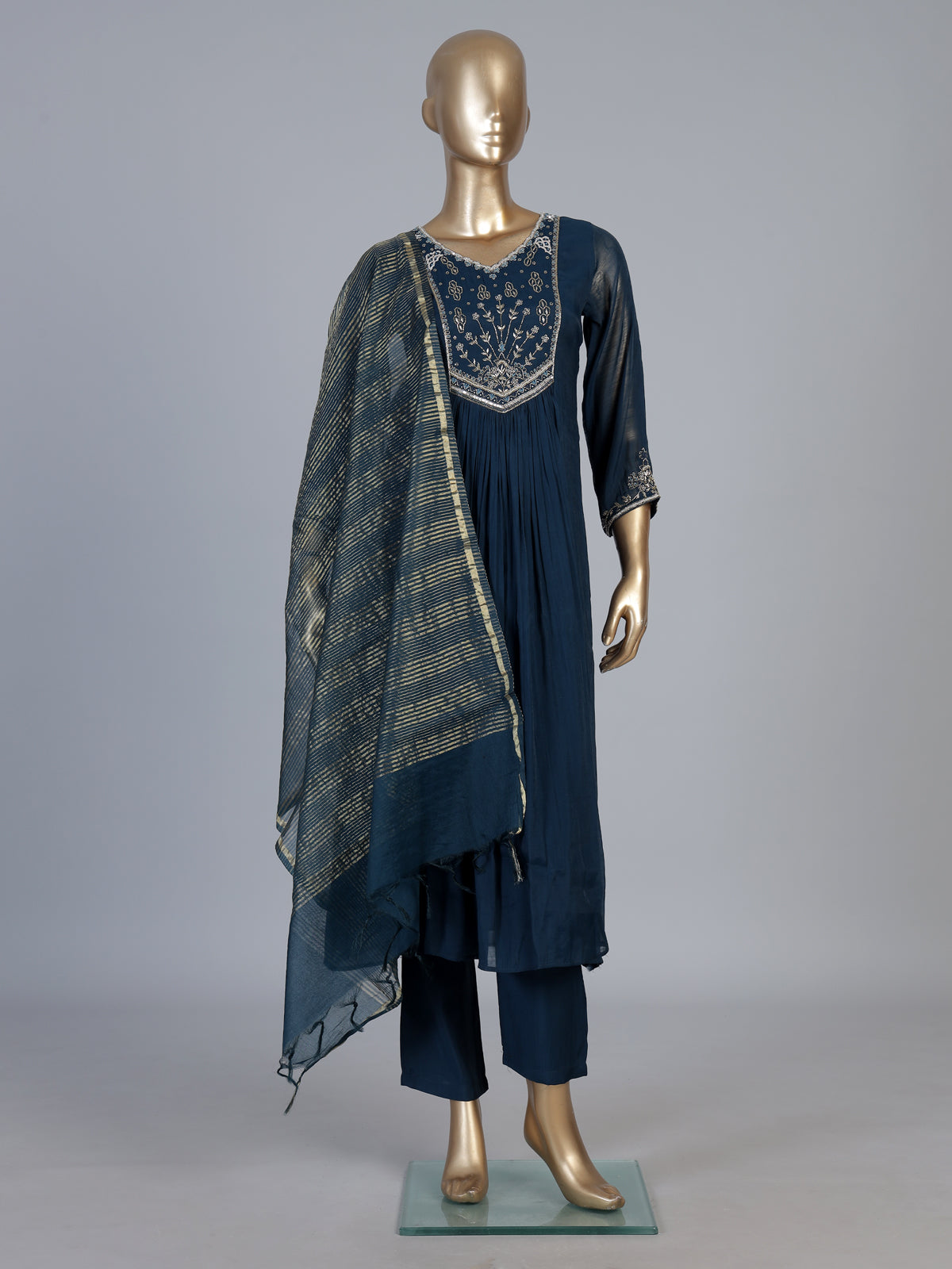Navy blue cotton silk festive pant suit with elegant embroidery