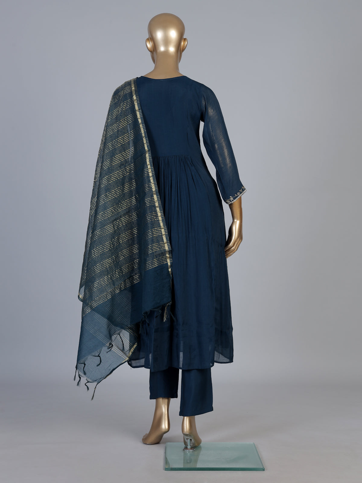 Navy blue cotton silk festive pant suit with elegant embroidery