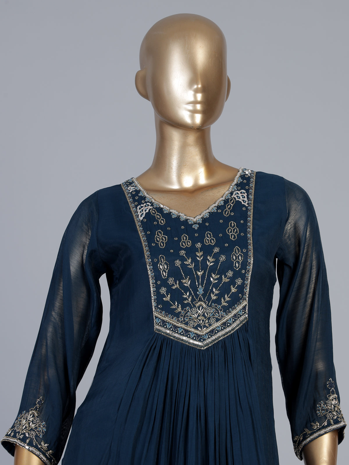 Navy blue cotton silk festive pant suit with elegant embroidery