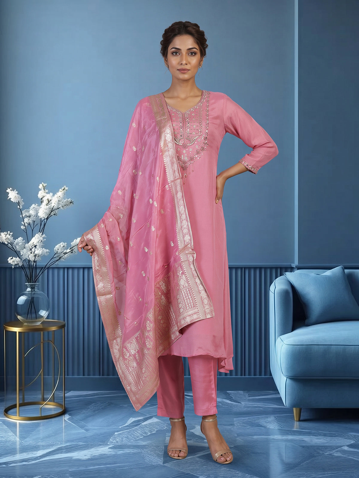 Pink organza silk embroidered pant suit with festive dupatta