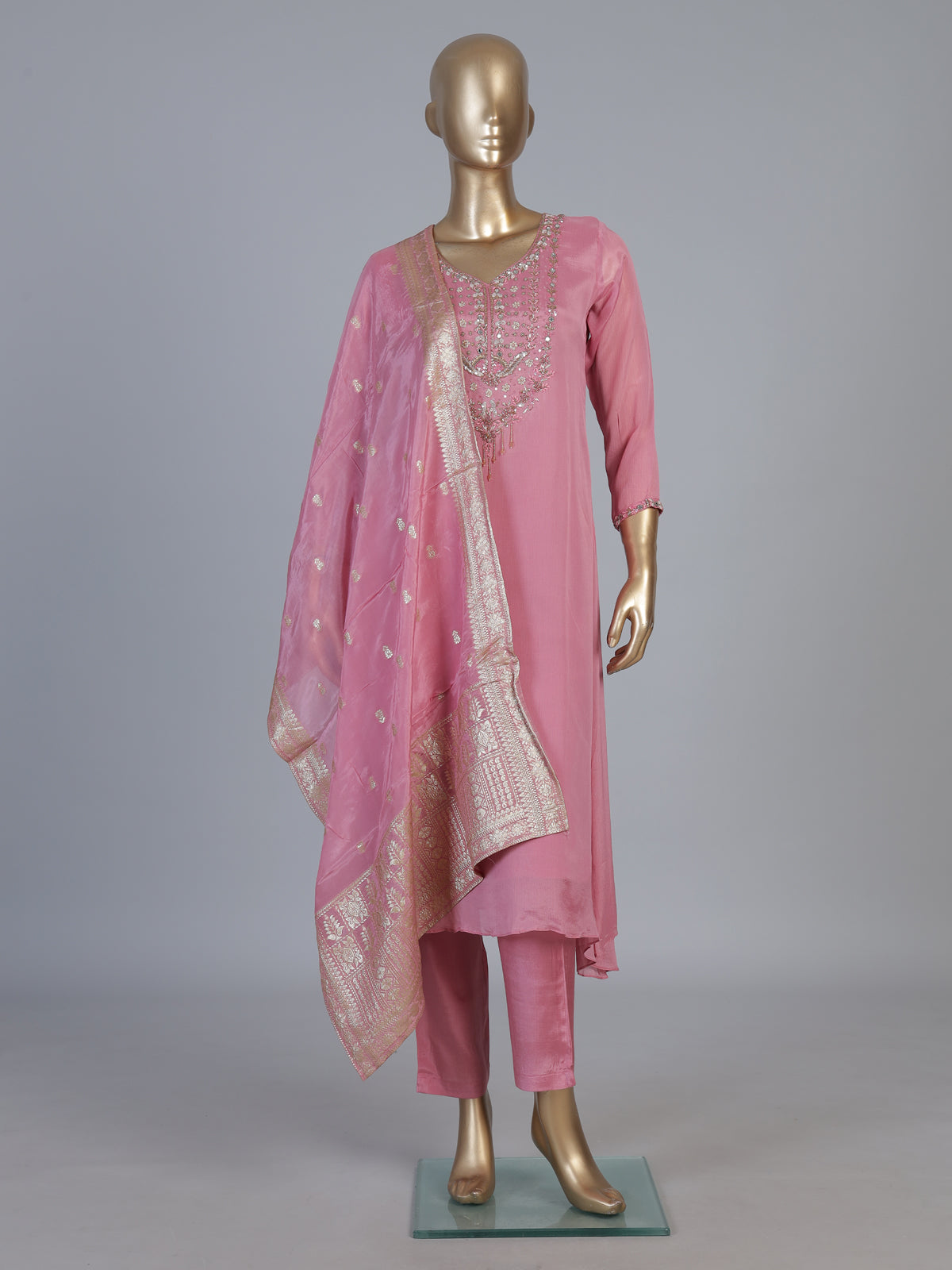 Pink organza silk embroidered pant suit with festive dupatta