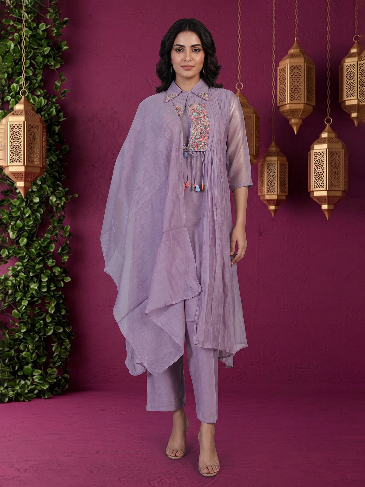 Light purple designer cotton pant suit with embroidered collar