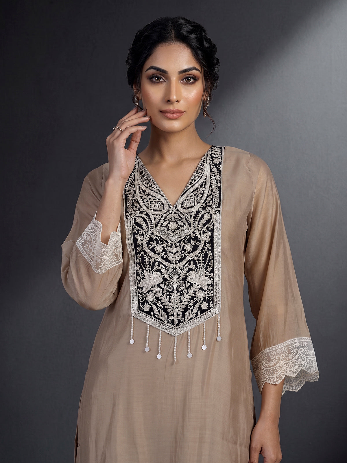 Beige embroidered cotton silk pant suit with festive dupatta