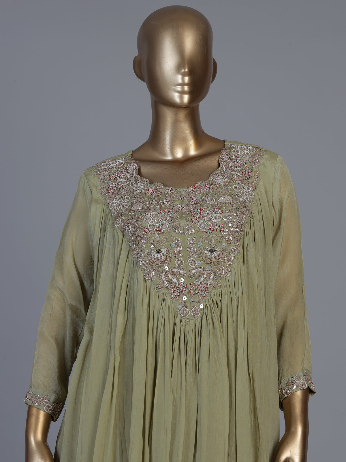 Sea green georgette silk pleated sharara suit ensemble
