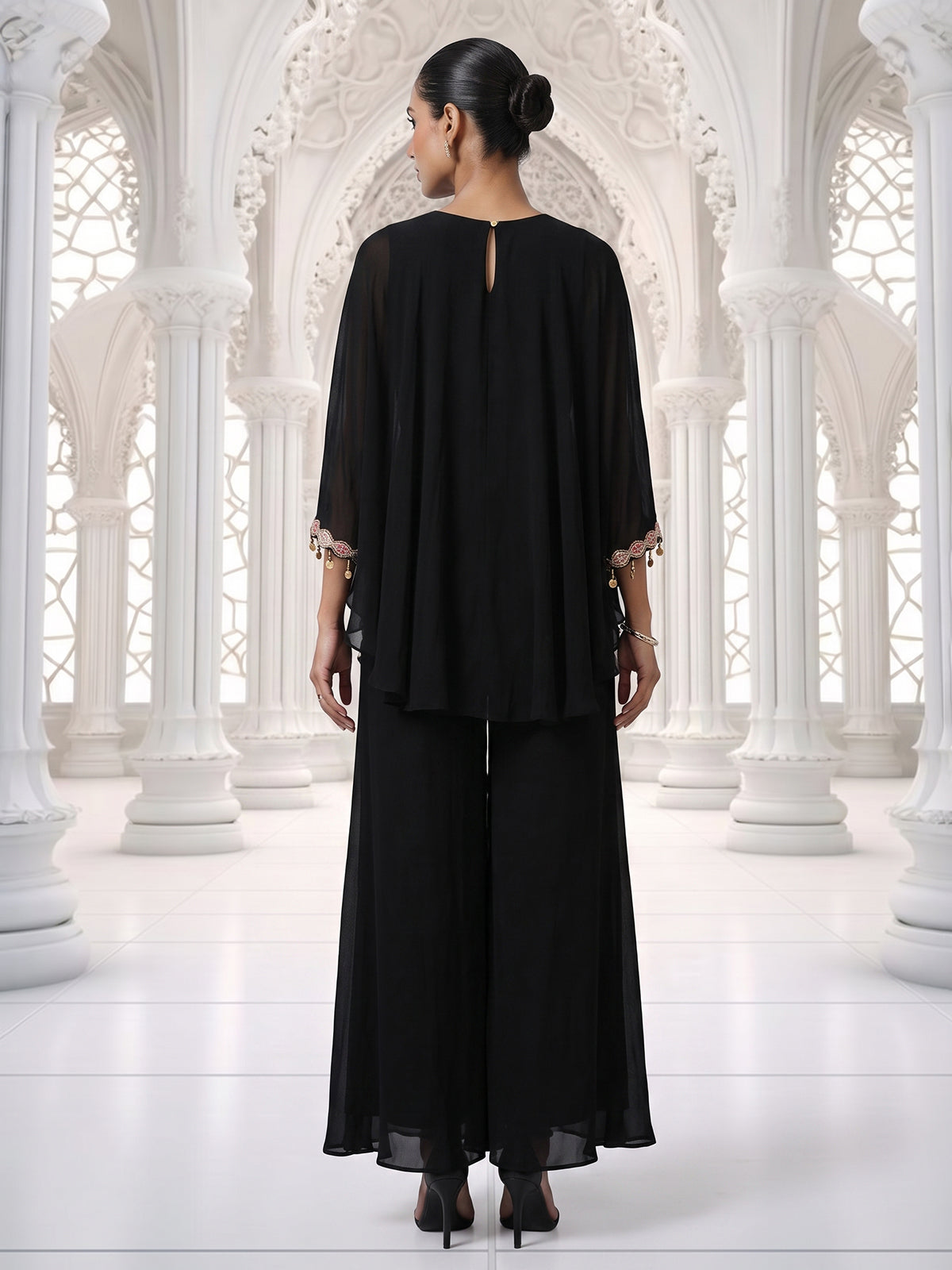 Black georgette silk kaftan sharara suit with dupatta