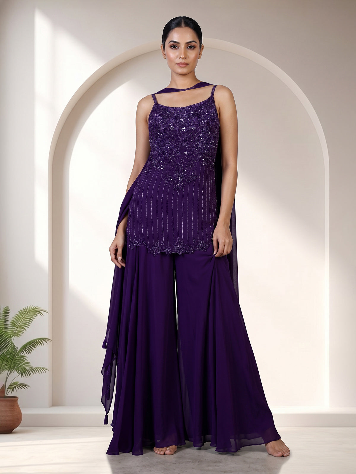 Violet georgette silk palazzo suit with choker dupatta