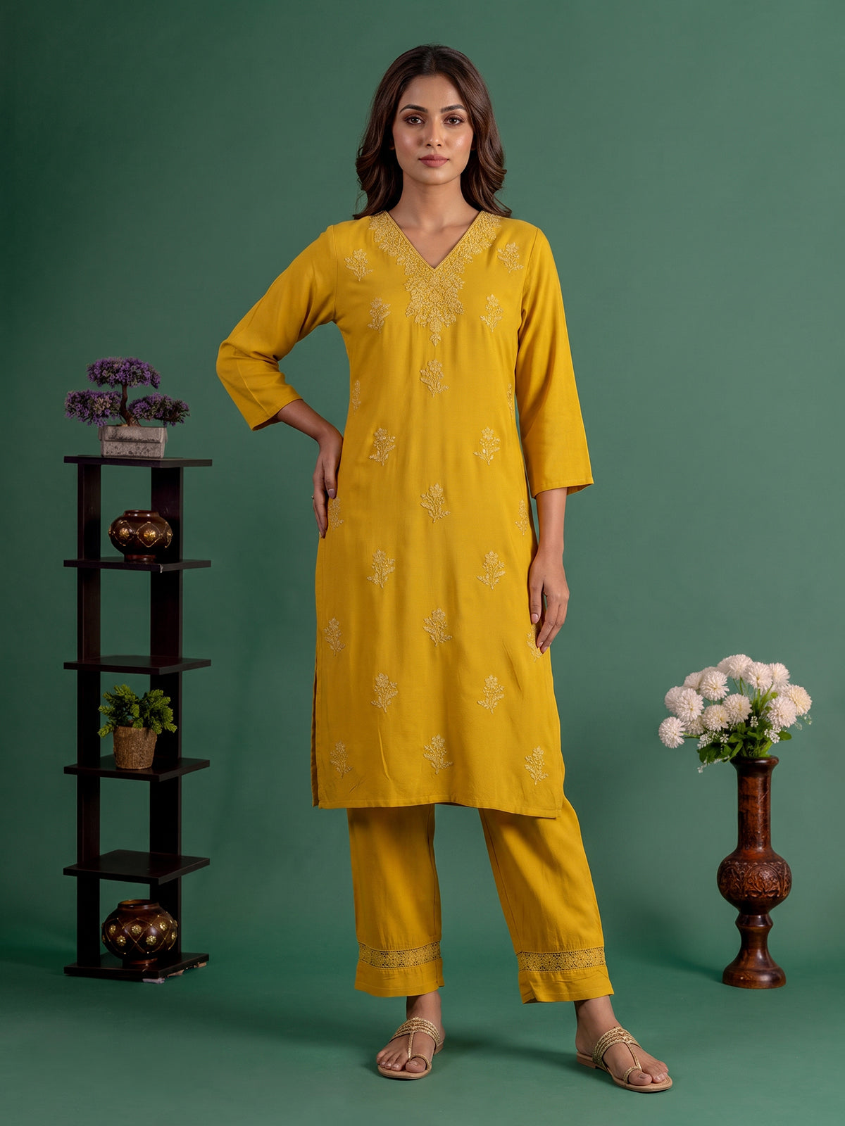 Mustard yellow embroidered cotton silk ethnic kurti set