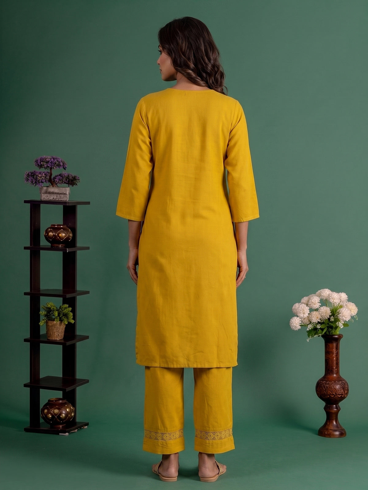 Mustard yellow embroidered cotton silk ethnic kurti set