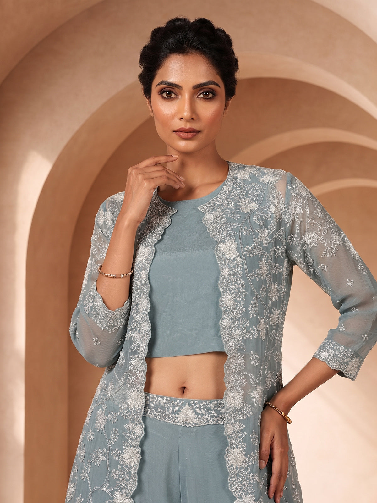 Grey embroidered shimmer silk palazzo suit