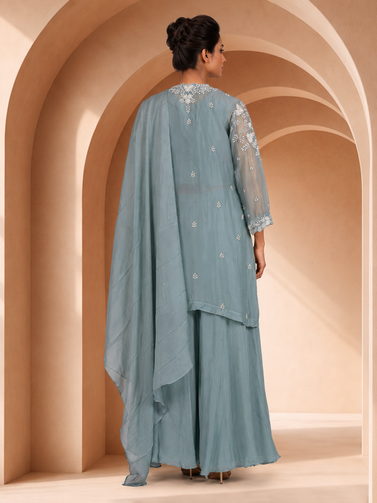 Grey embroidered shimmer silk palazzo suit