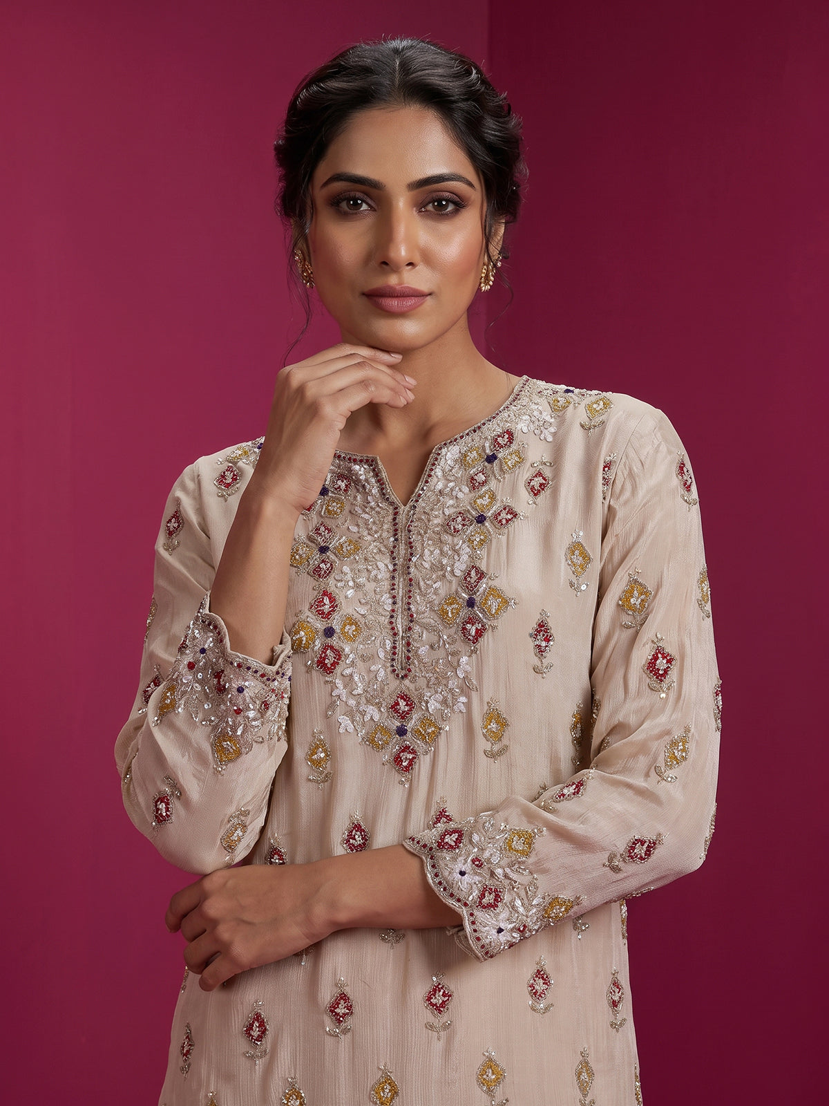Beige embroidered tissue silk palazzo suit