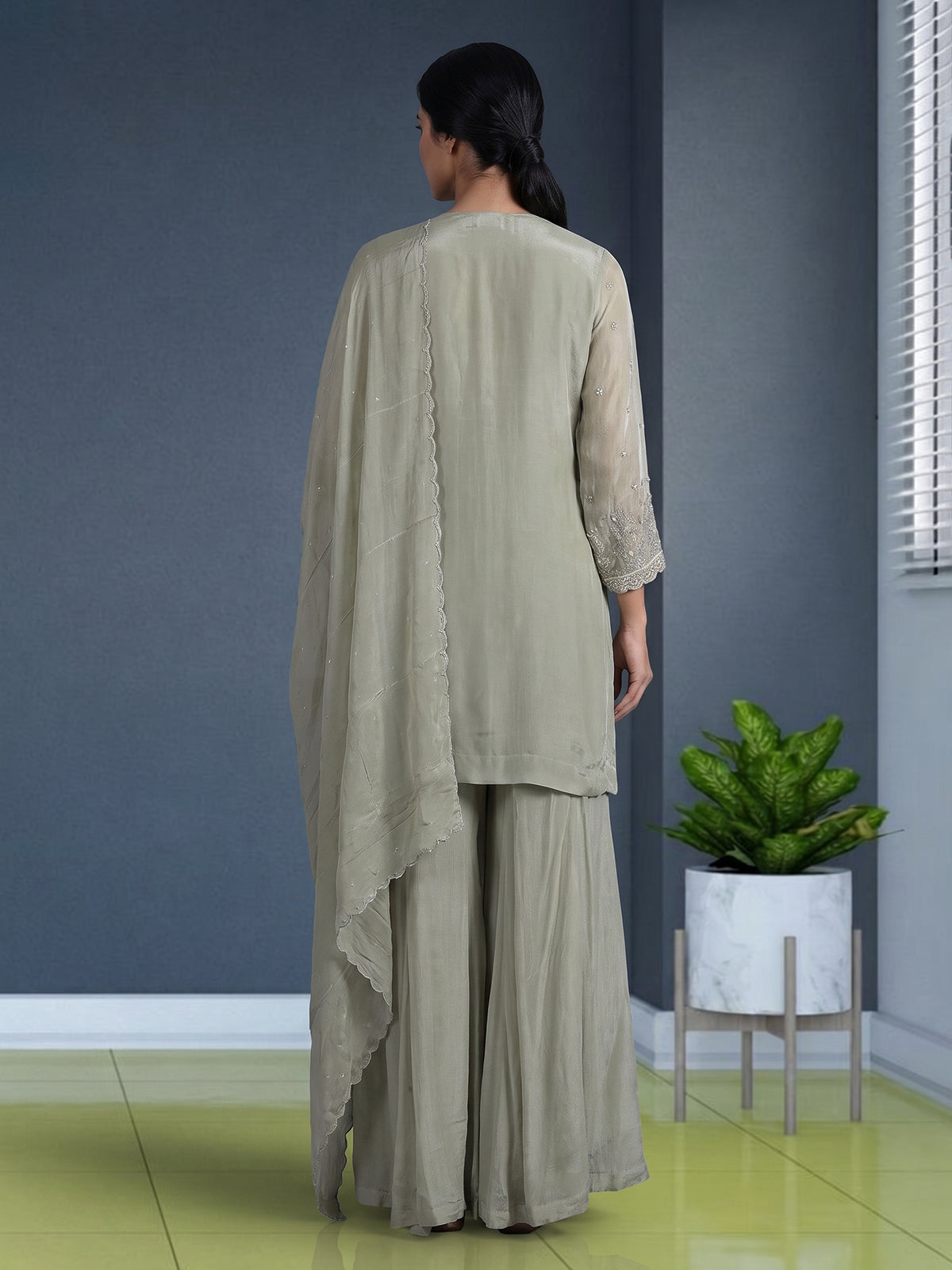Pista green embroidered crepe silk palazzo suit