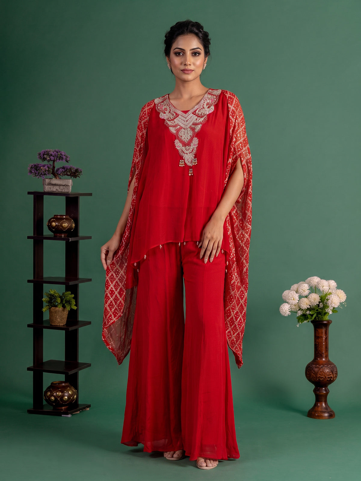 Red designer organza silk kaftan palazzo suit