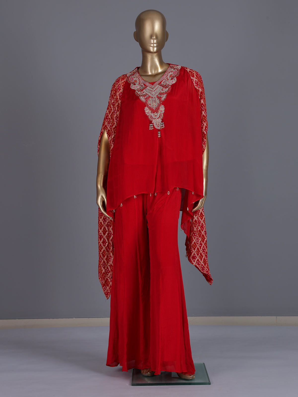 Red designer organza silk kaftan palazzo suit