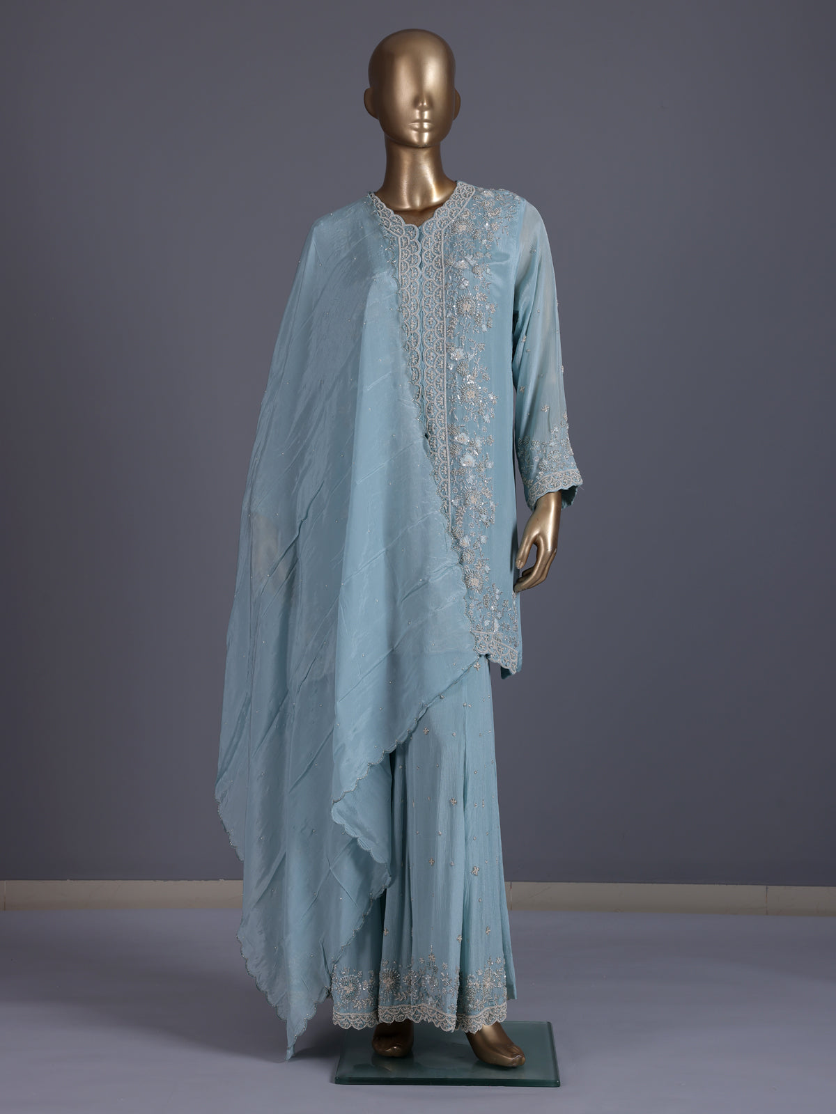 Sky blue shimmer crepe silk festive sharara suit