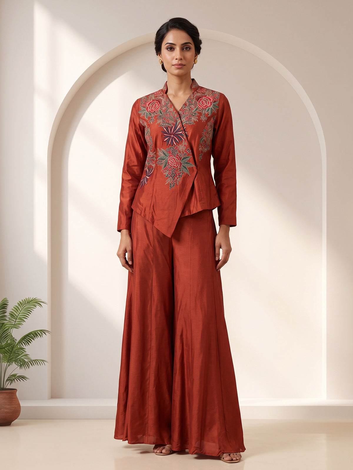 Rust embroidered indo western sharara style suit