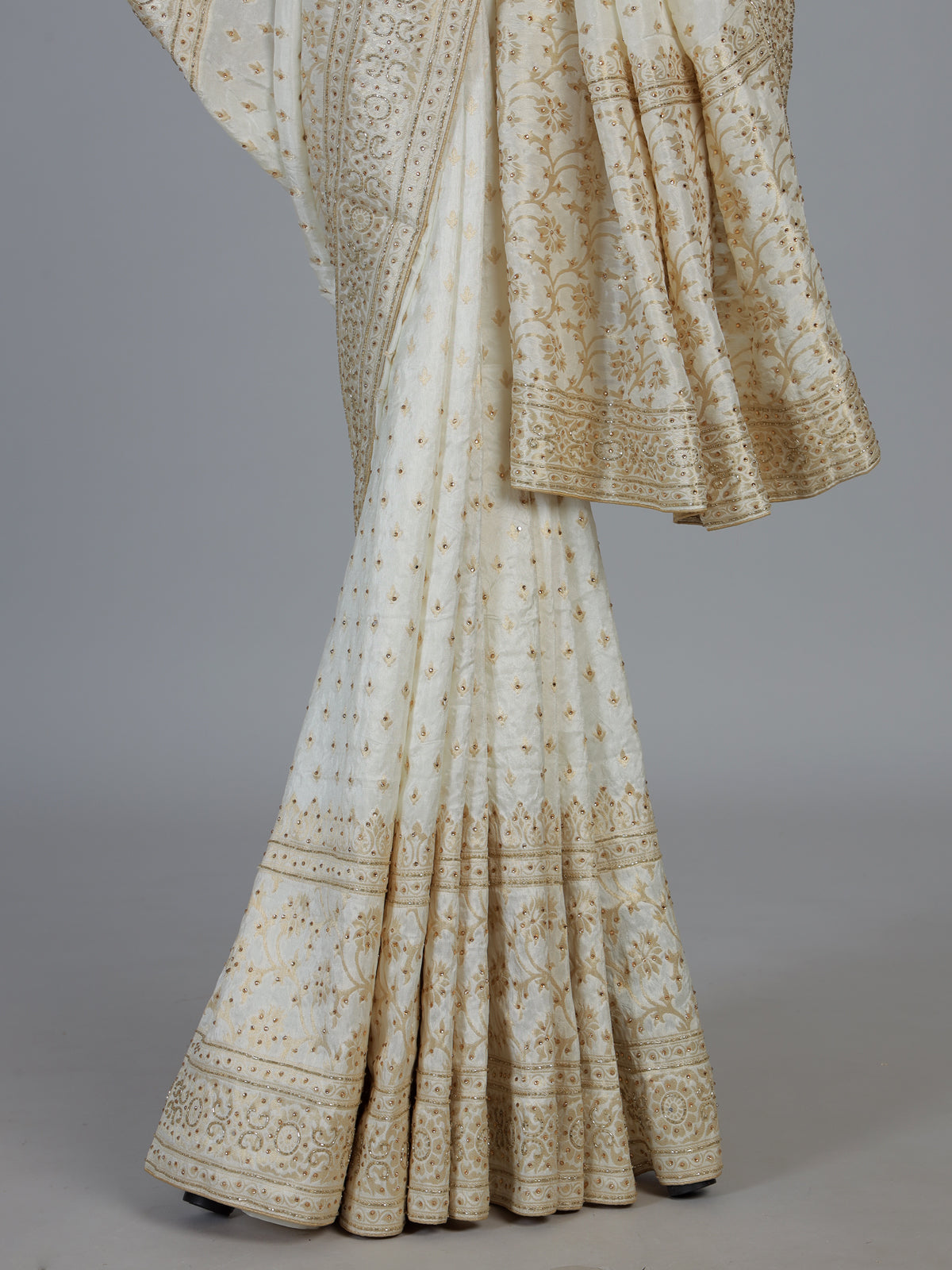 White luxurious dola silk embroidered festive saree drape