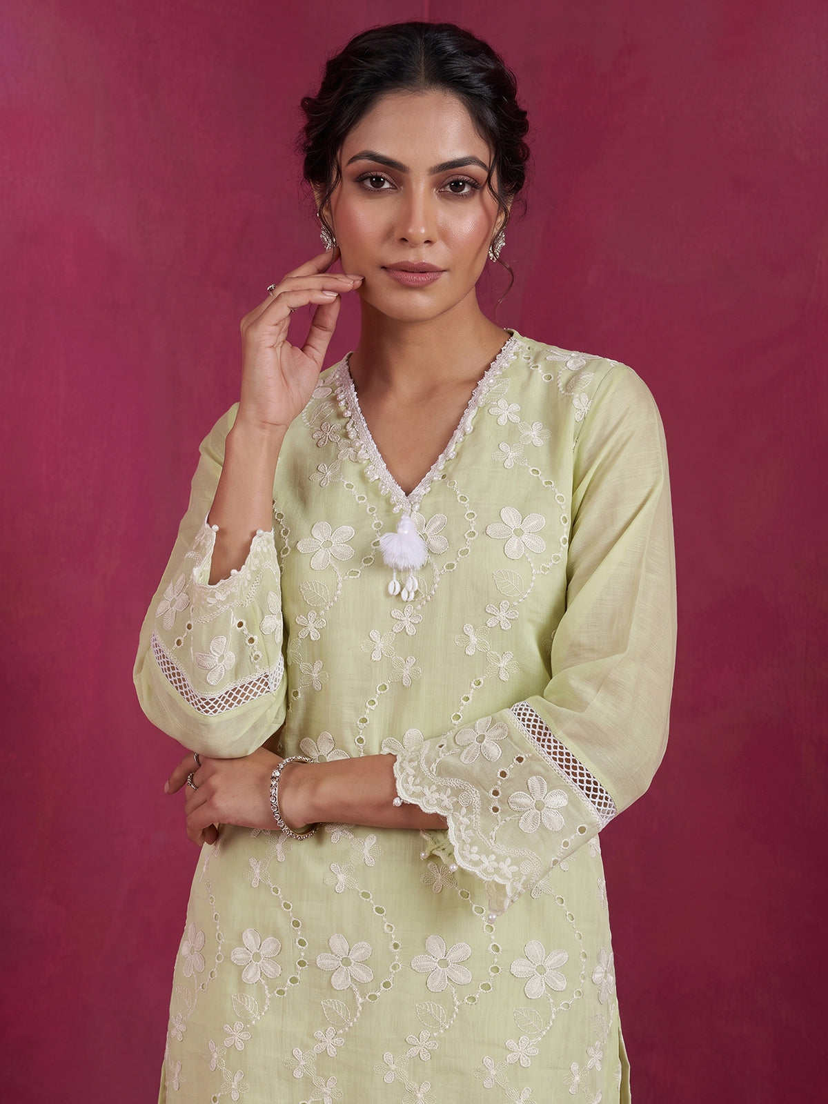 Green designer cotton embroidered co-ord set