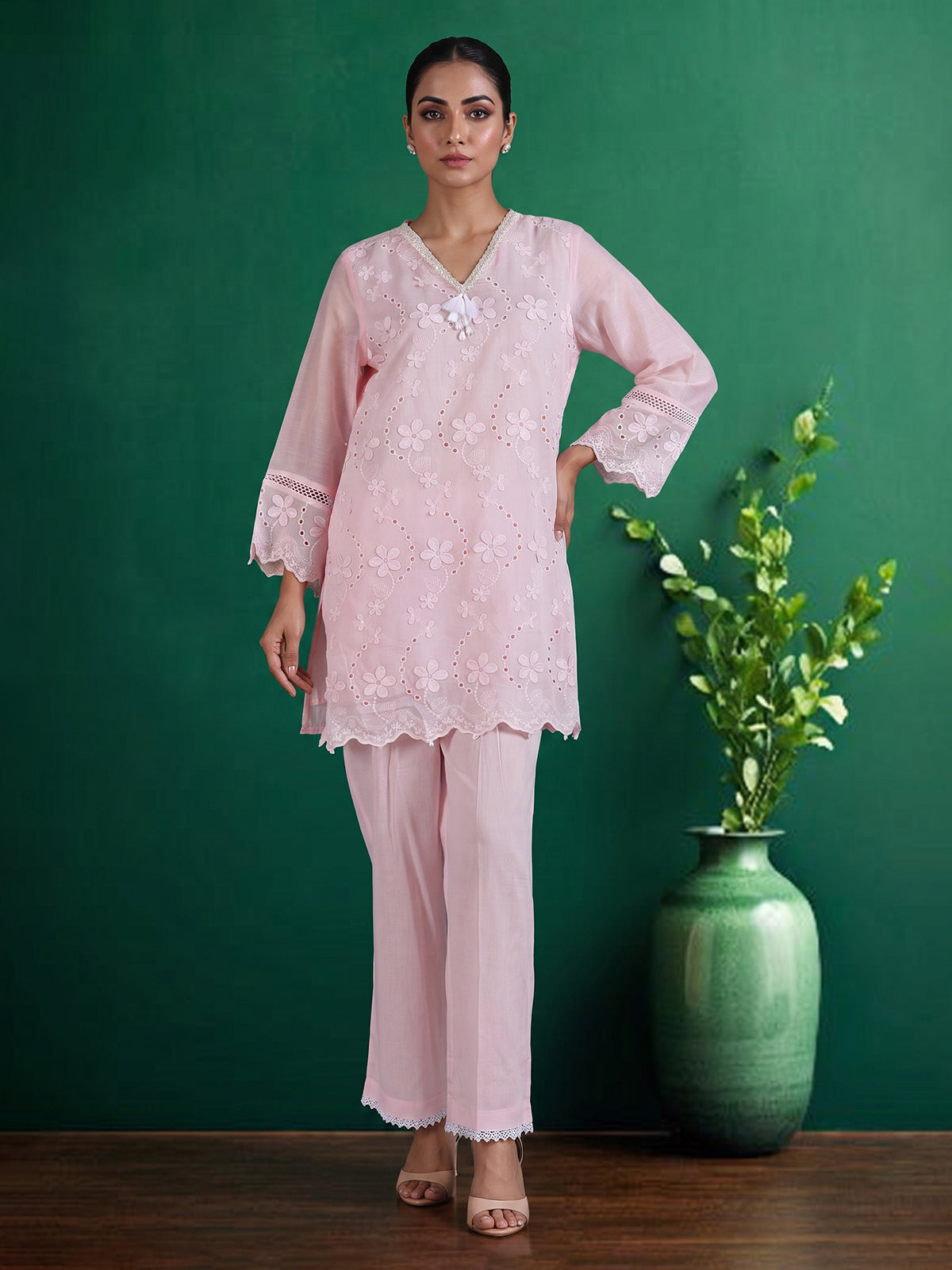 Pink embroidered cotton festive co-ord set
