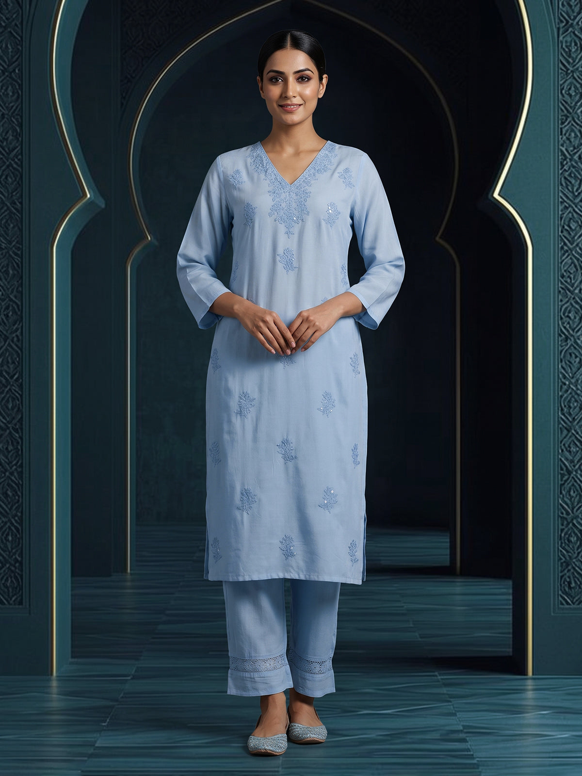 Sky blue cotton silk straight kurti set with thread work