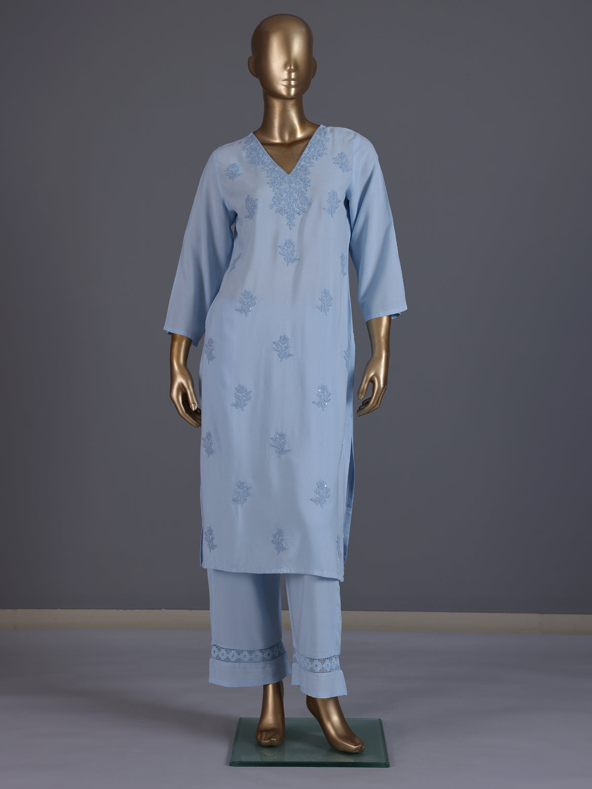 Sky blue cotton silk straight kurti set with thread work