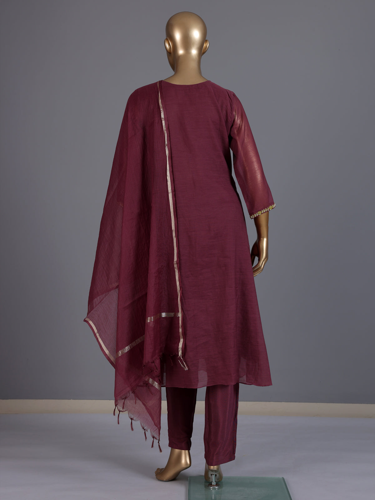 Wine embroidered cotton silk anarkali kurti set