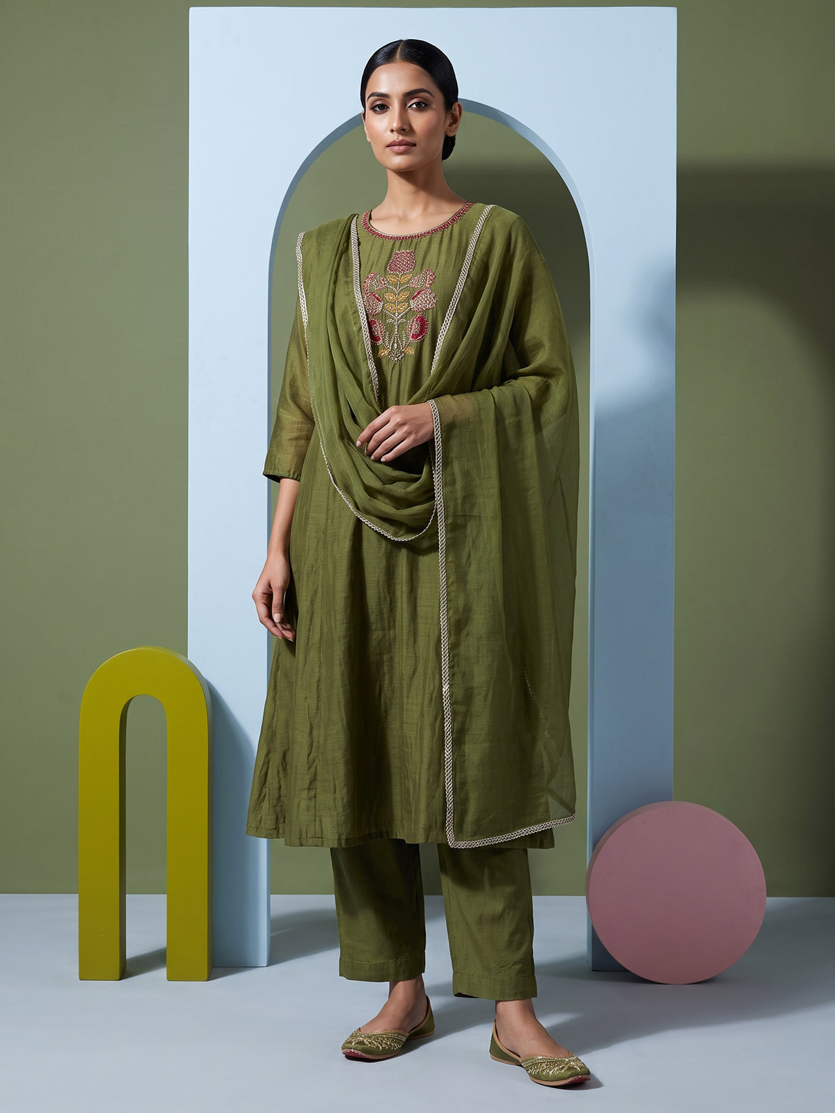 Green embroidered cotton silk anarkali kurti set with dupatta