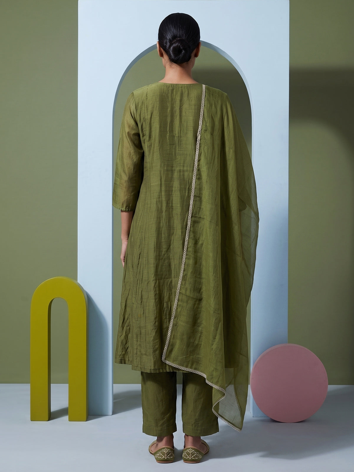 Green embroidered cotton silk anarkali kurti set with dupatta