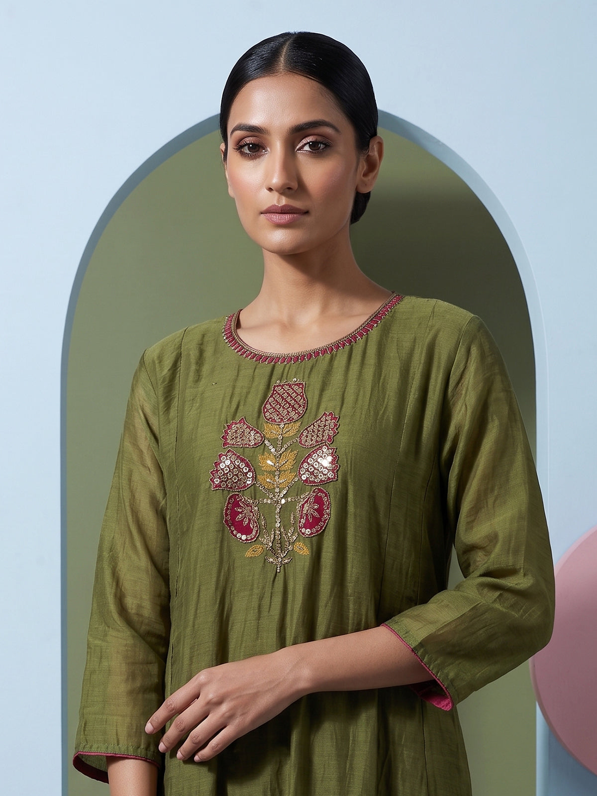 Green embroidered cotton silk anarkali kurti set with dupatta
