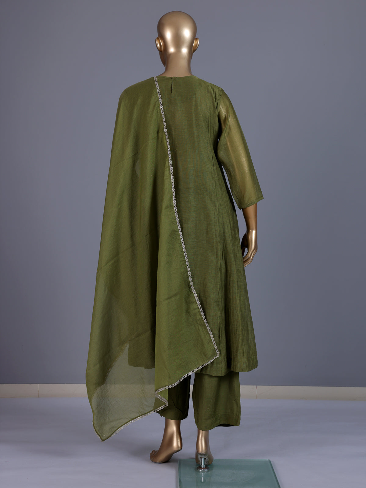 Green embroidered cotton silk anarkali kurti set with dupatta