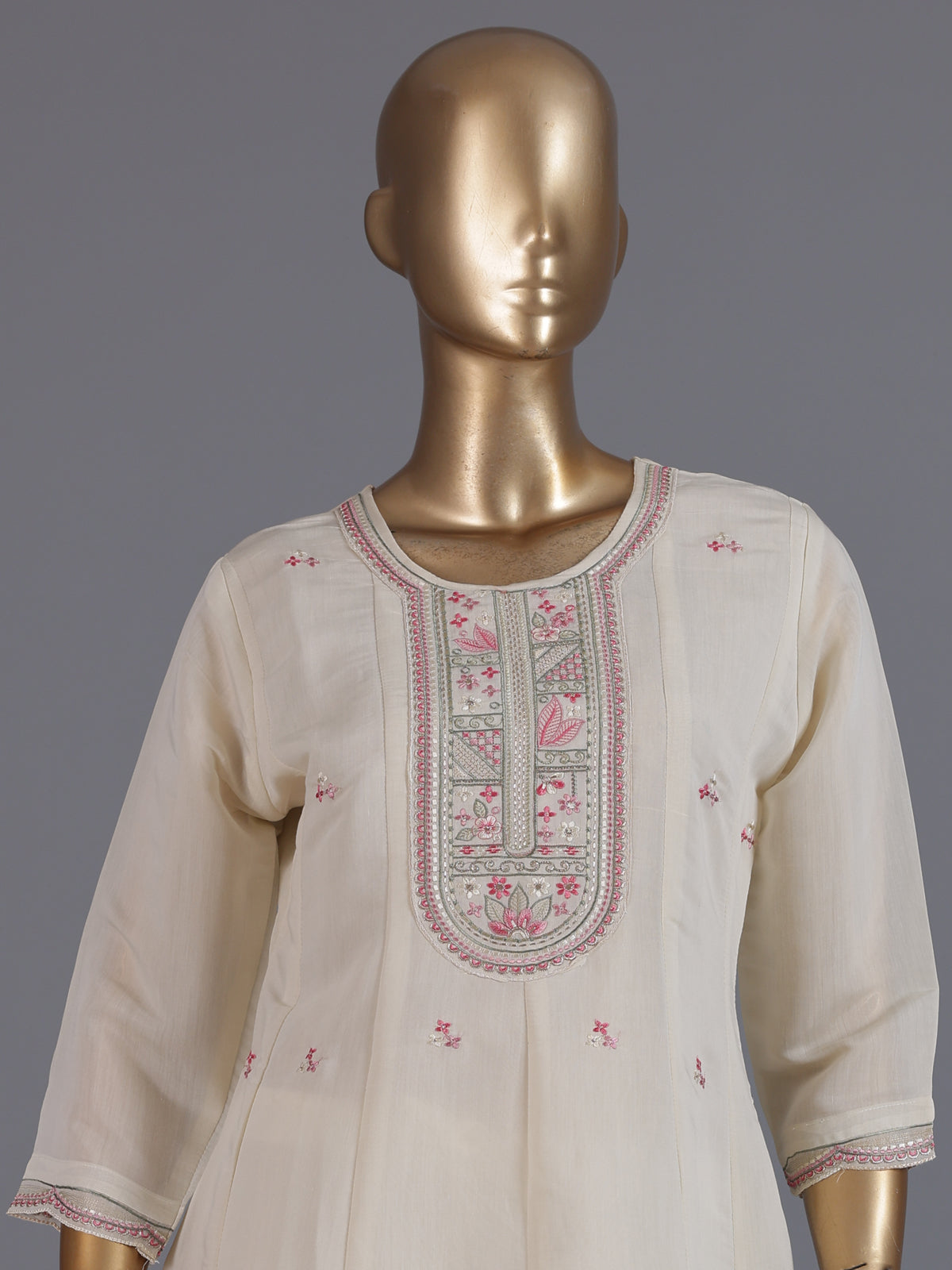 White embroidered cotton silk anarkali kurti set