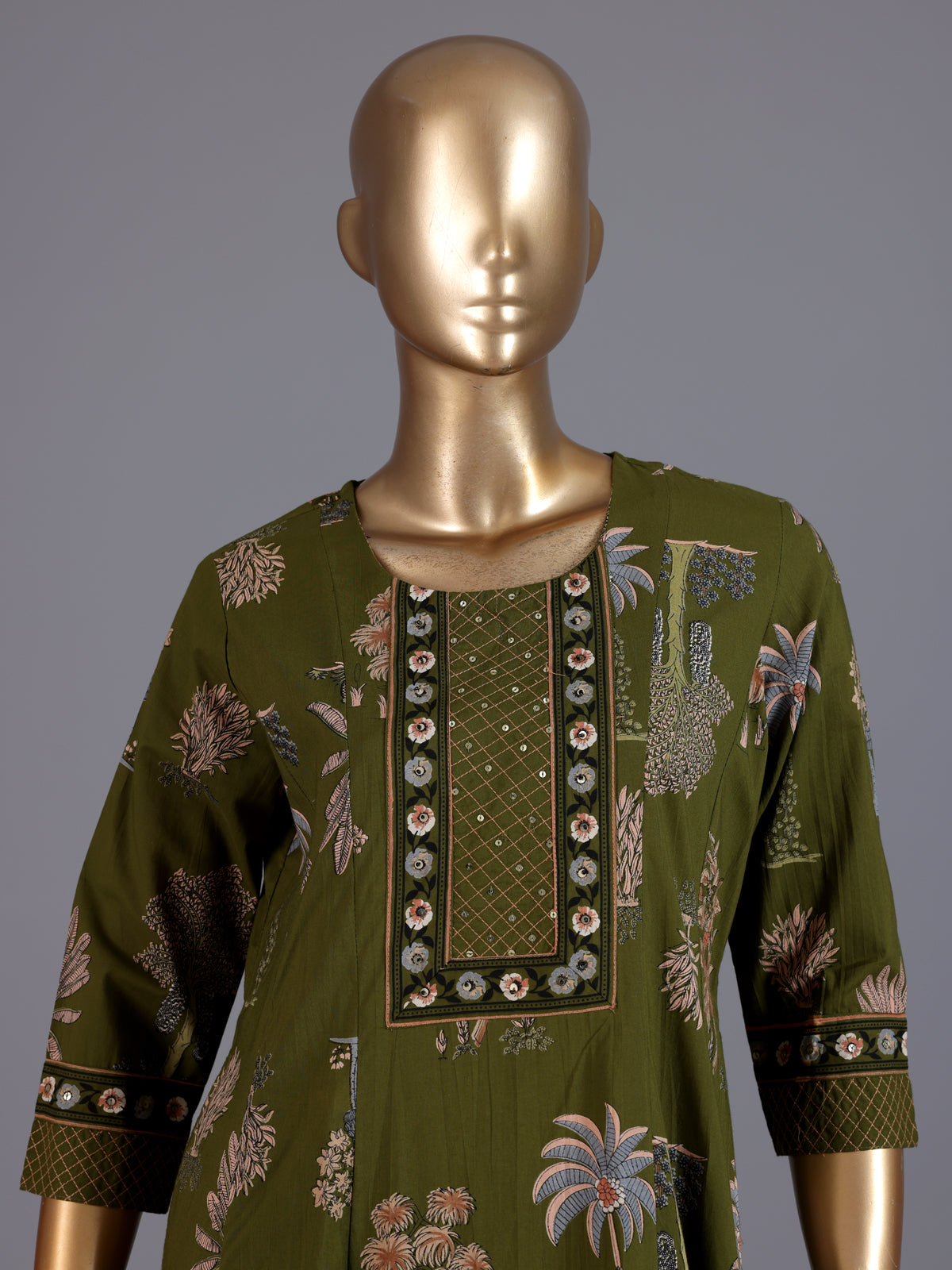 Green printed anarkali cotton silk kurti set with dupatta