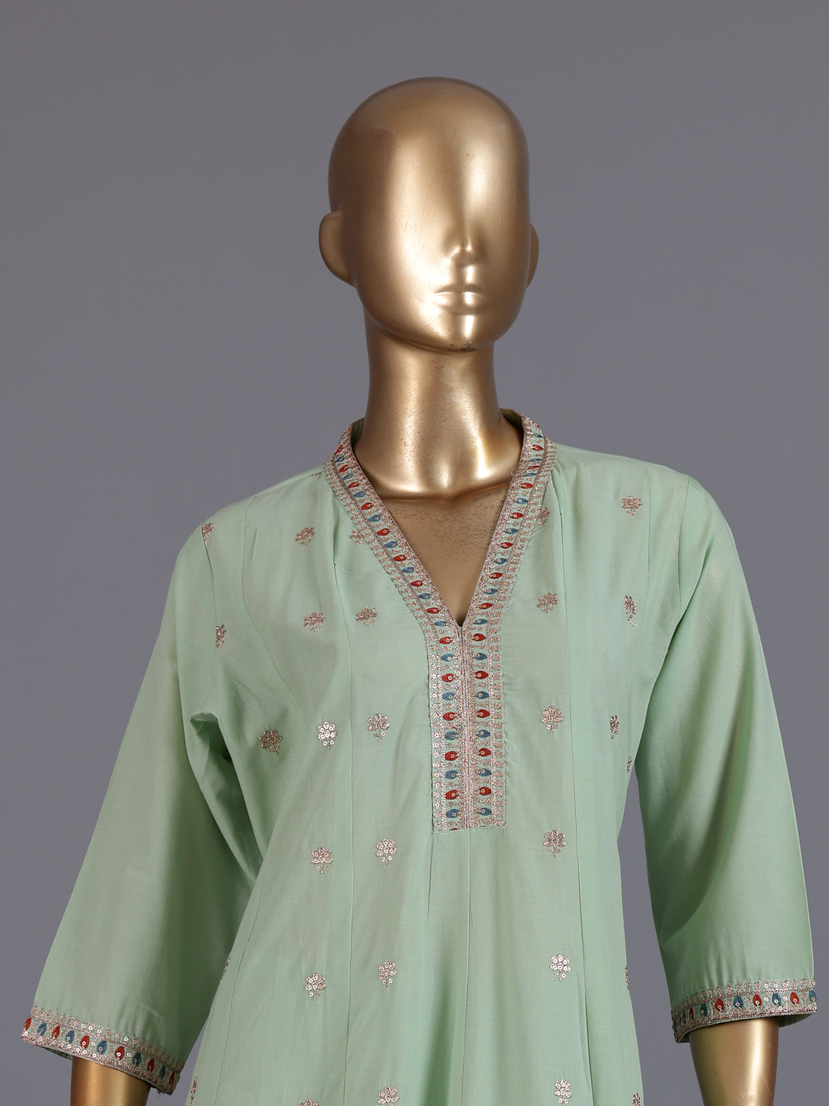 Green floral embroidered cotton silk anarkali kurti set