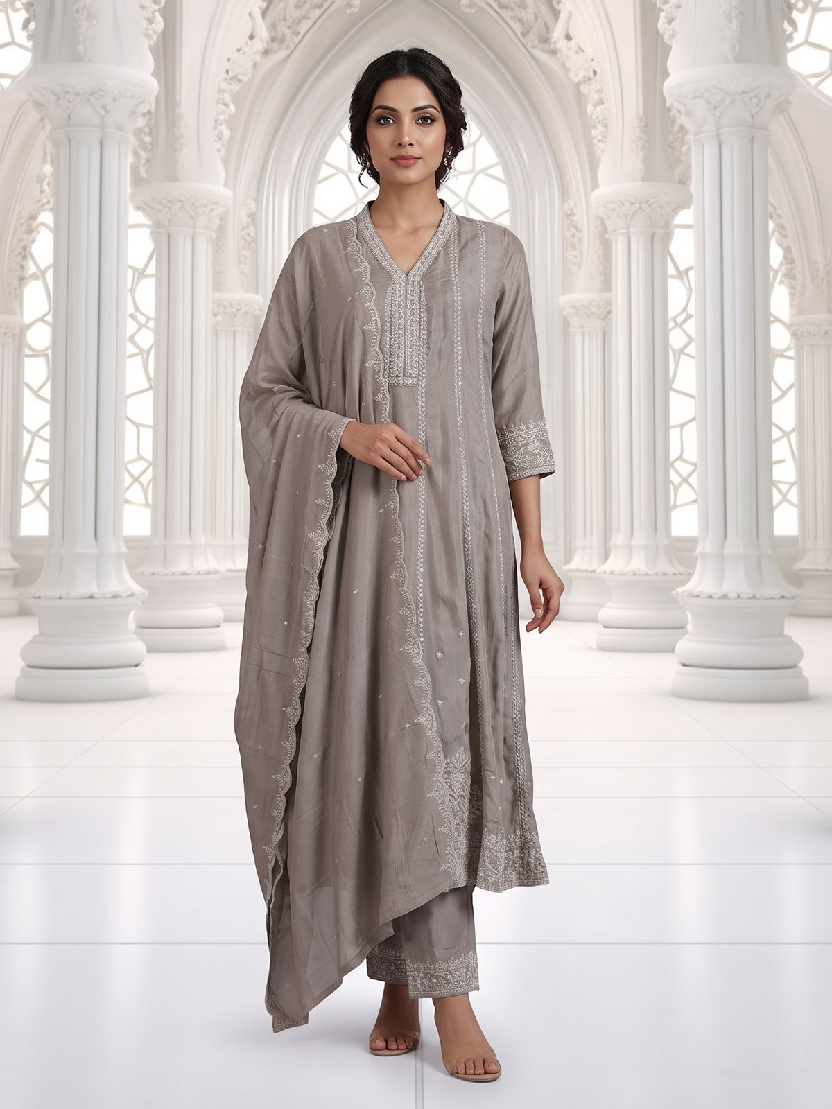 Grey embroidered cotton silk anarkali kurti set