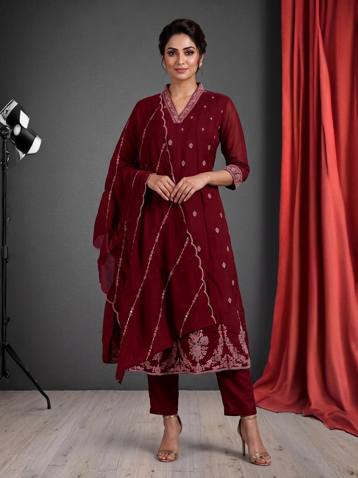 Maroon embroidered cotton silk anarkali kurti set