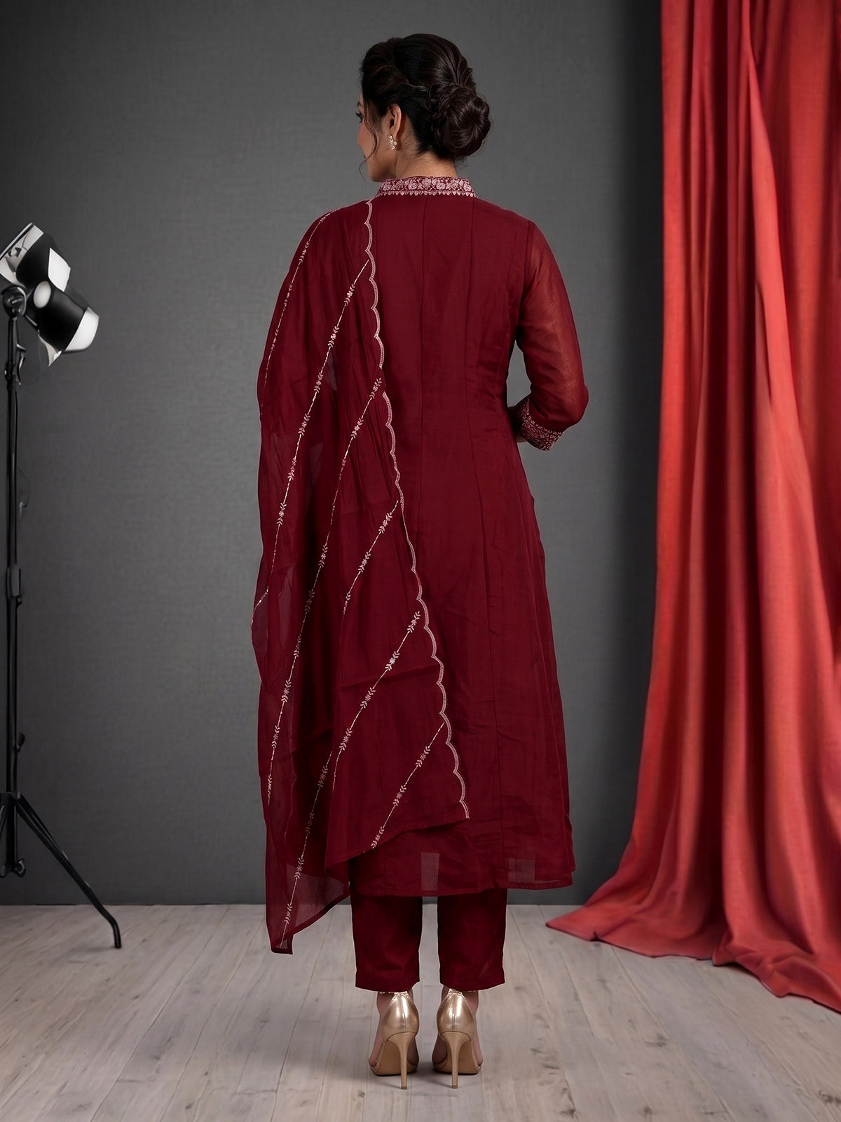 Maroon embroidered cotton silk anarkali kurti set