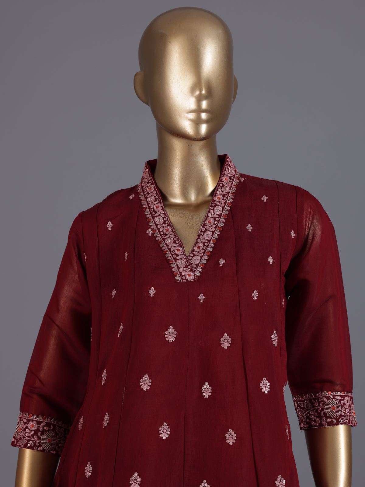 Maroon embroidered cotton silk anarkali kurti set