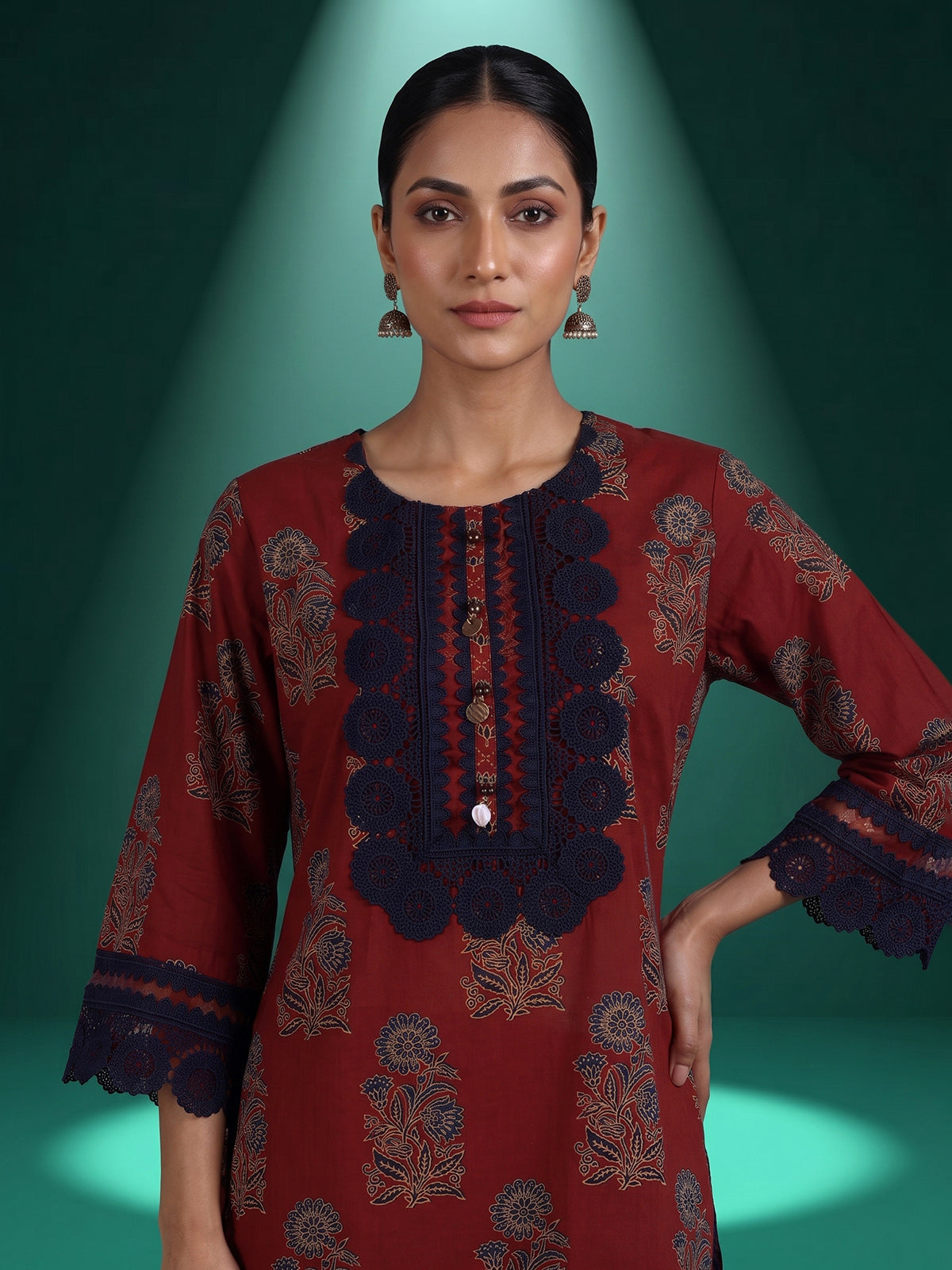 Red printed cotton silk palazzo kurti set with dupatta