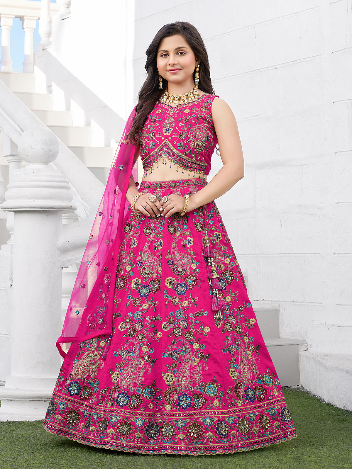 Rani pink royal silk lehenga choli with dupatta for girls