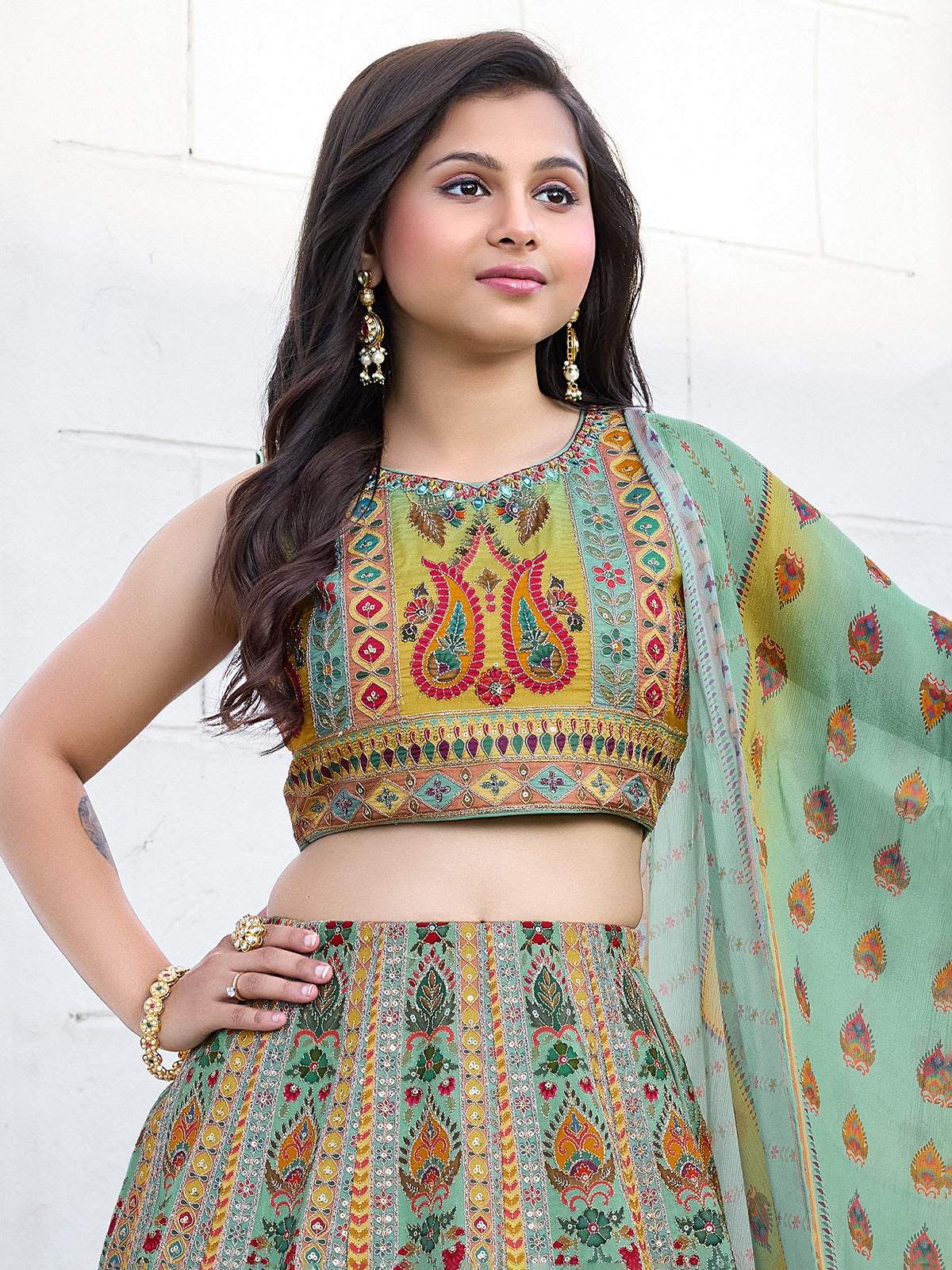 Green floral printed silk wedding lehenga choli