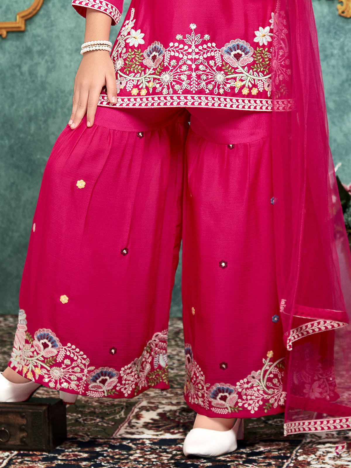 Pink embroidered silk sharara suit for girls