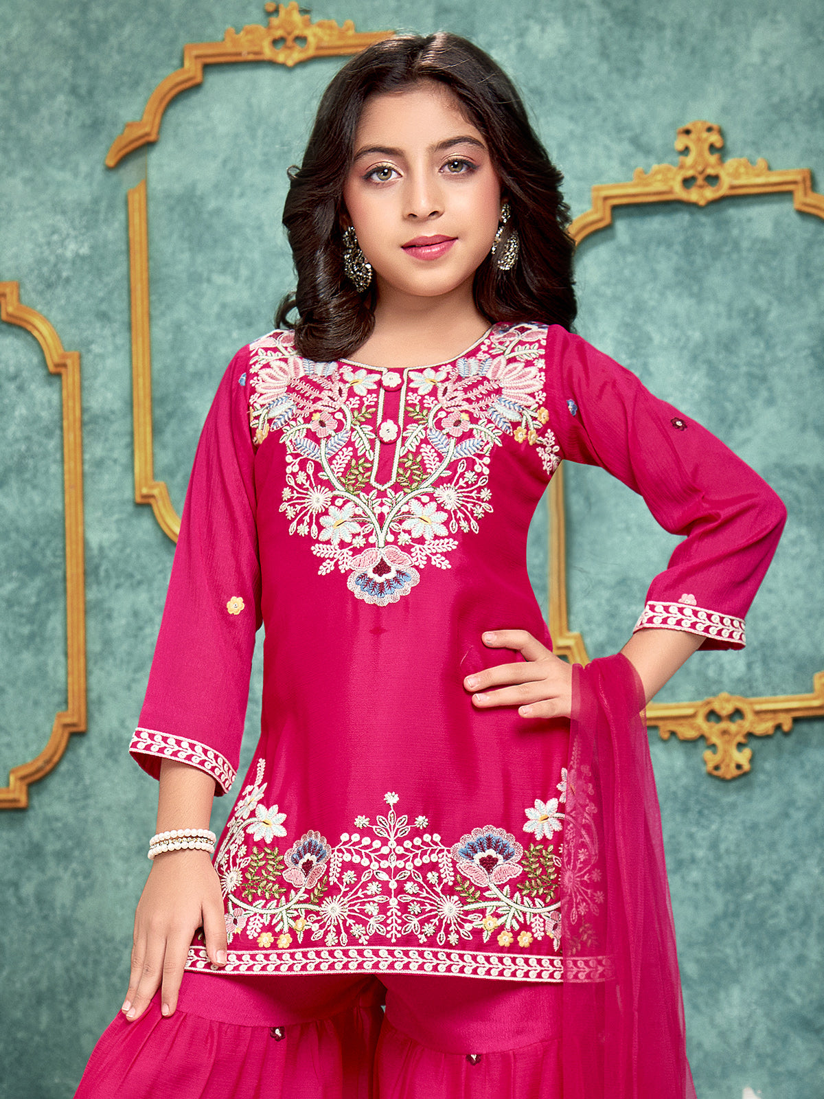 Pink embroidered silk sharara suit for girls