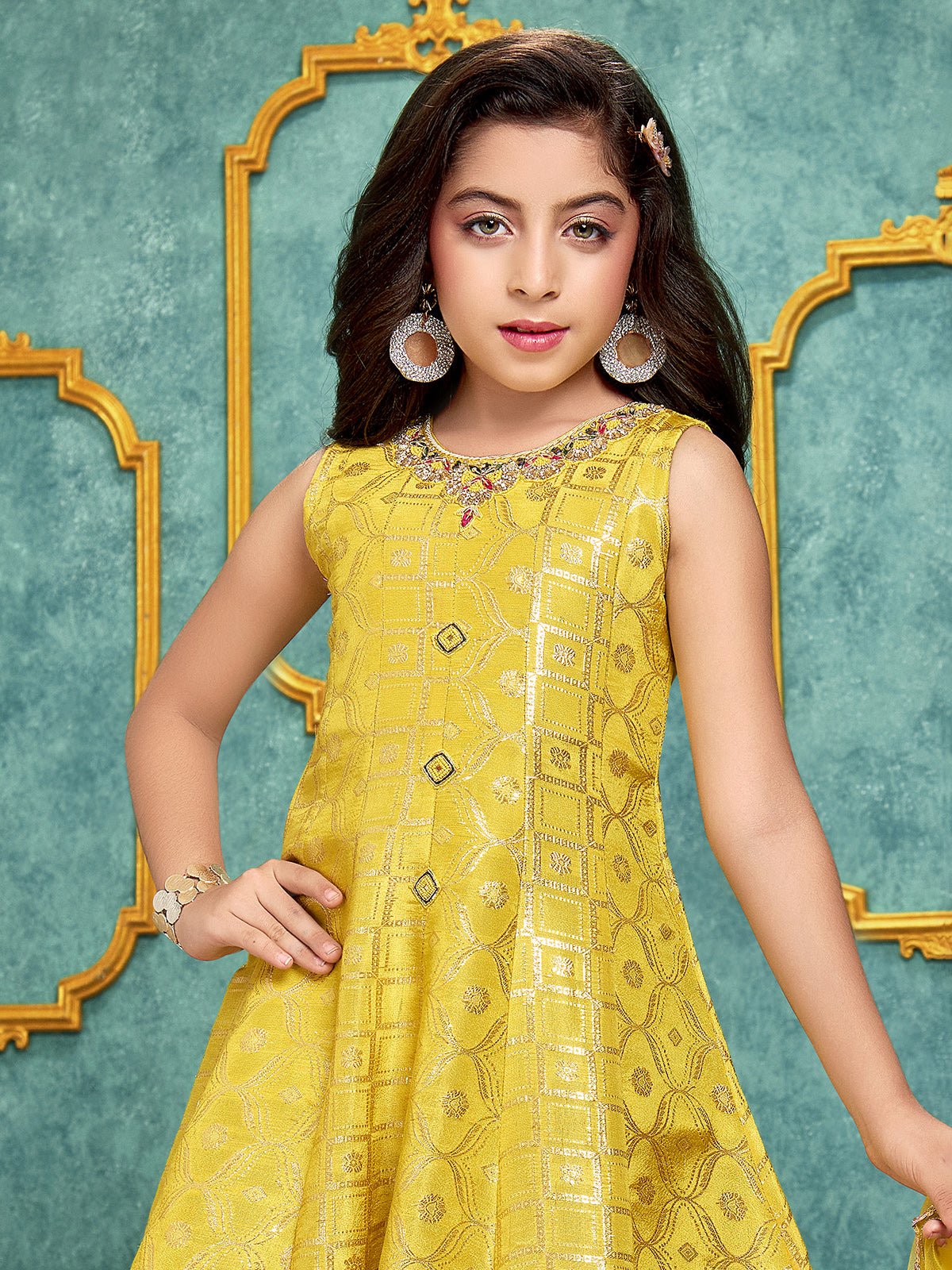 Yellow festive crepe silk anarkali pant suit for girls