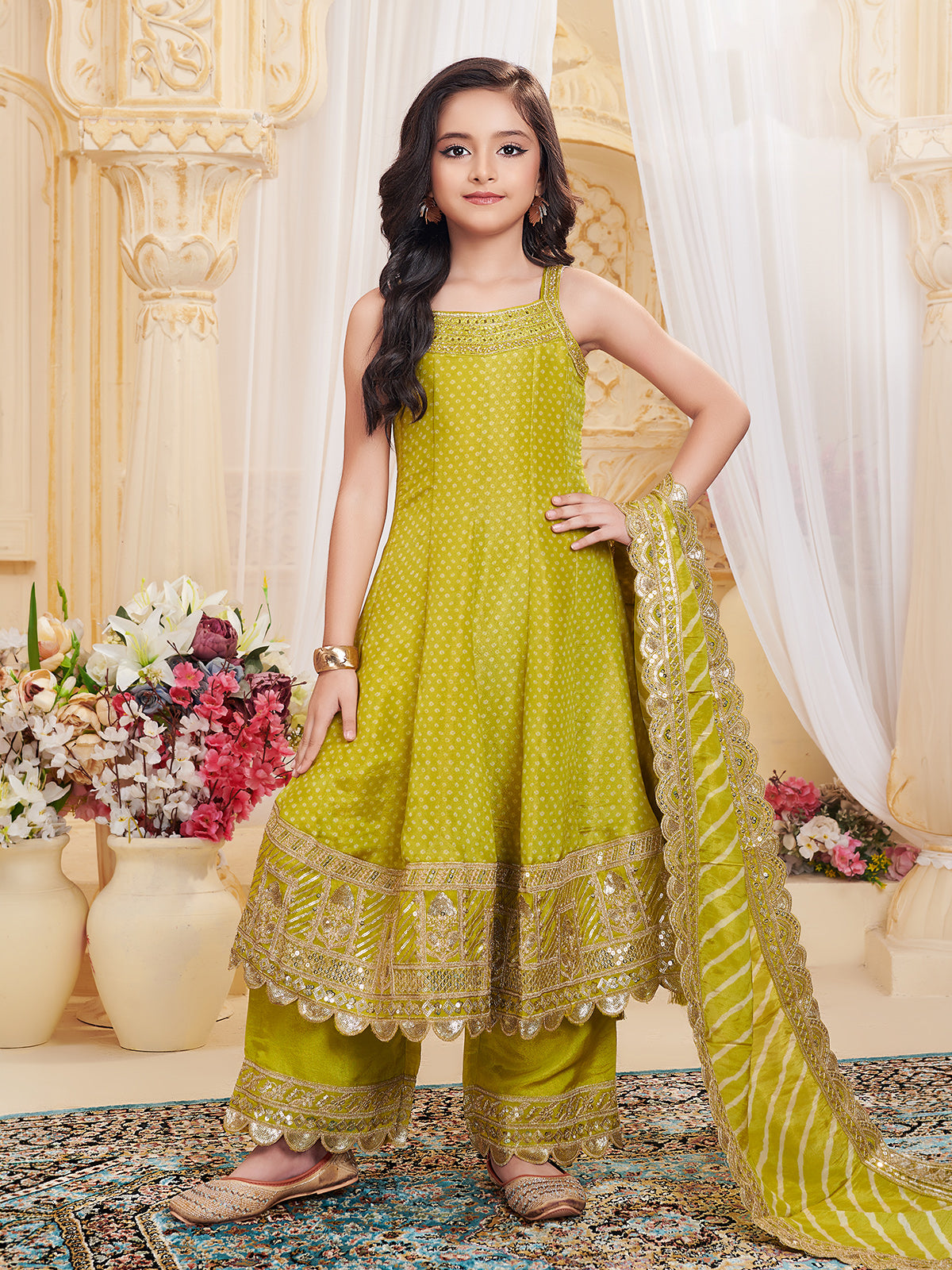 Mehendi green printed crepe silk anarkali palazzo suit for girls